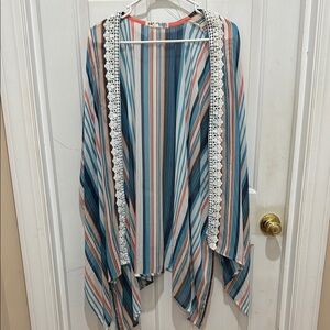 Colorful Striped Kimono with Lace Trim